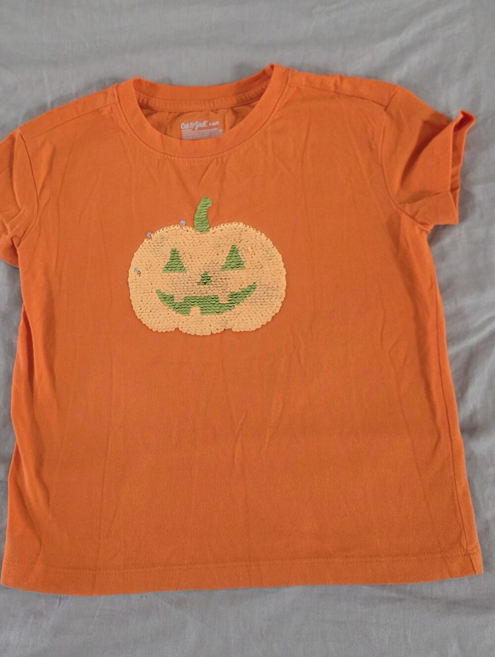Cat & Jack Girls Orange Flip Sequin Pumpkin Halloween Tshirt size S 6-7